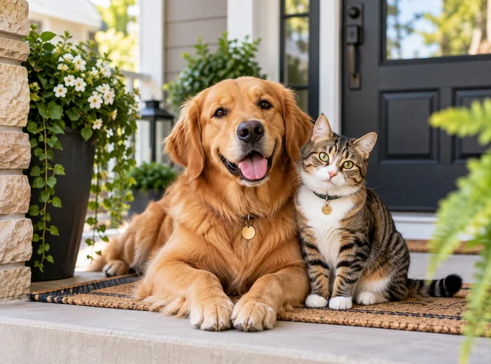 Two household pets resting together on a porch