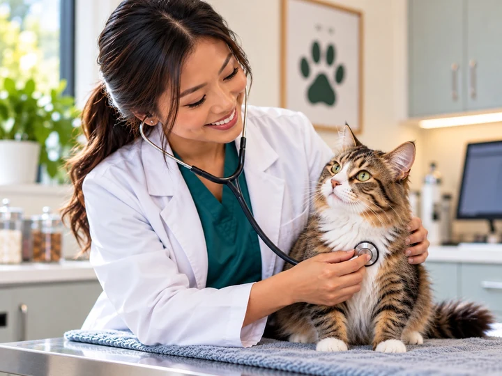 A female veterinarian examining a cat during a routine visit